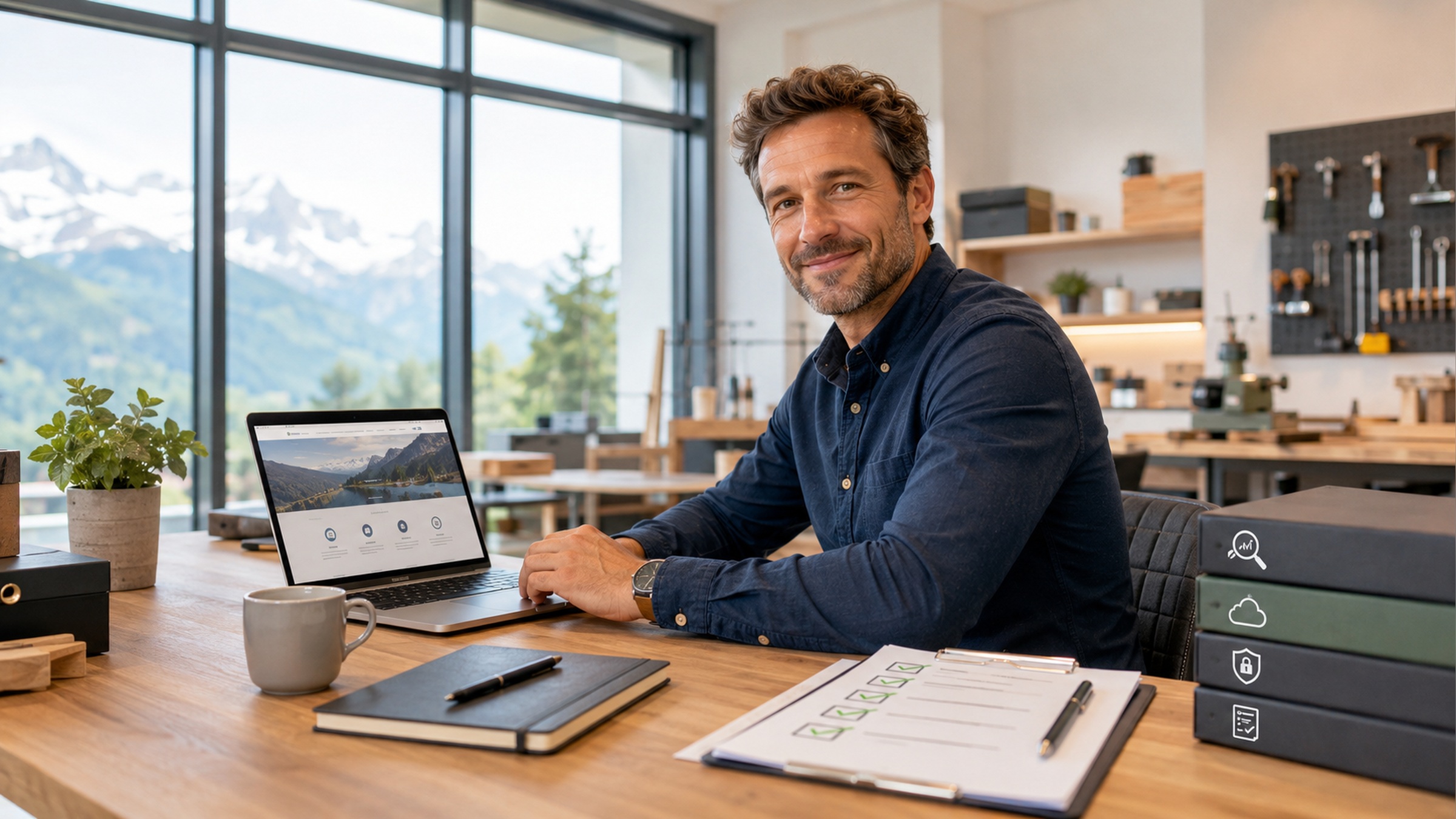 Unternehmerin oder Unternehmer im Schweizer KMU-Kontext mit Website-Ansicht