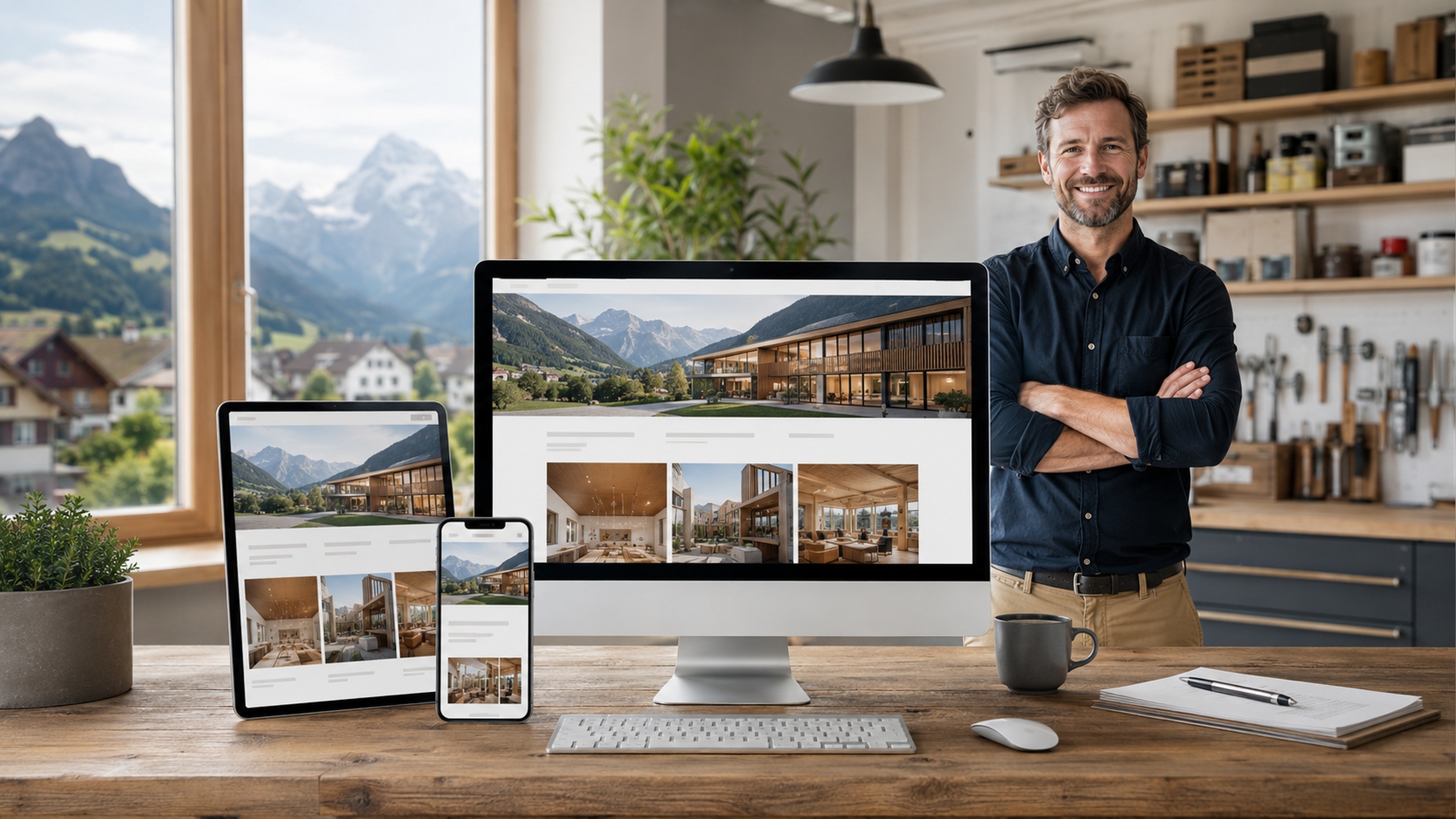 Responsive Website-Mockup auf Desktop, Tablet und Smartphone