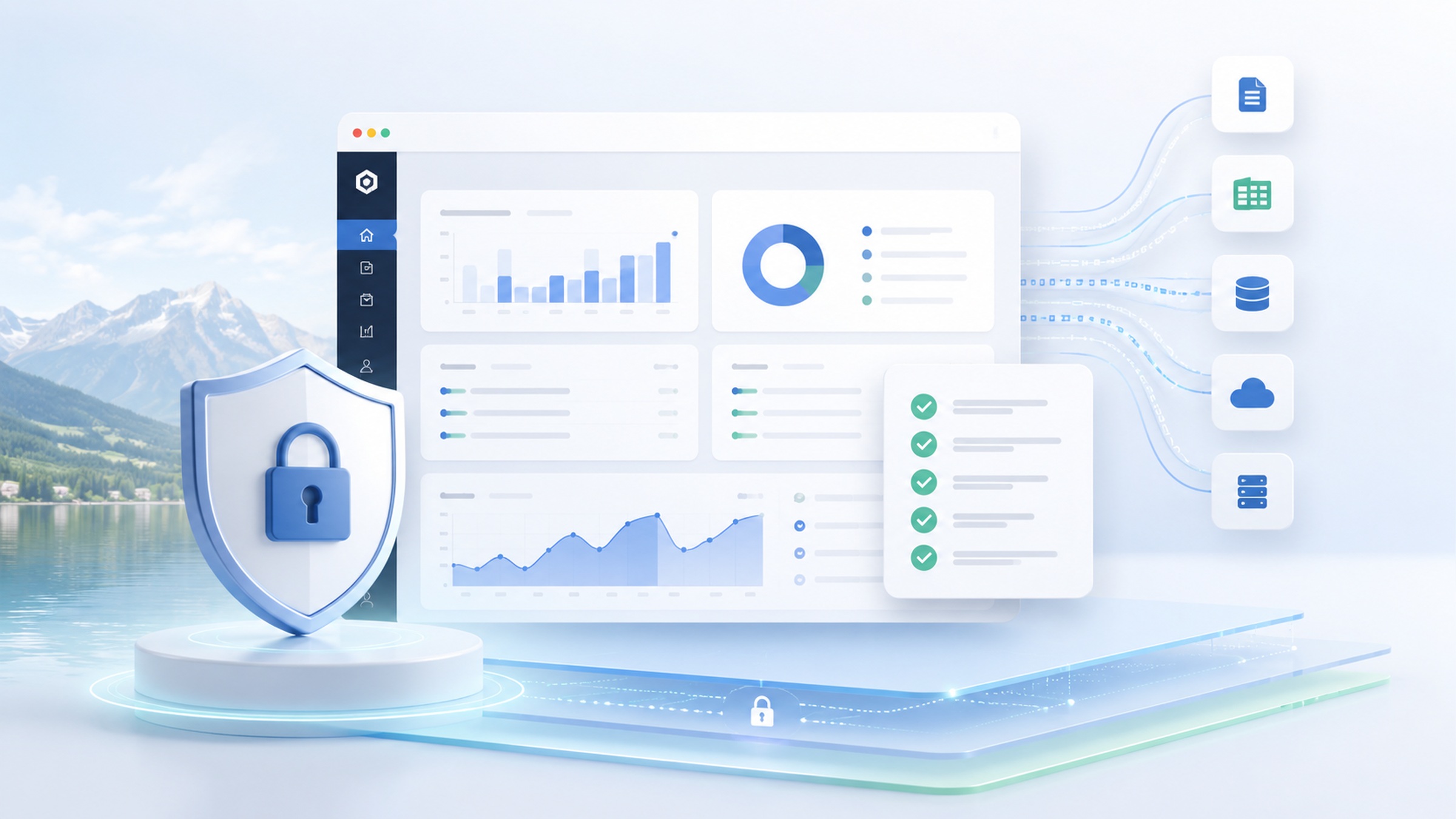 Website-Mockup mit Datenschutz, Checkliste und Compliance-Bausteinen