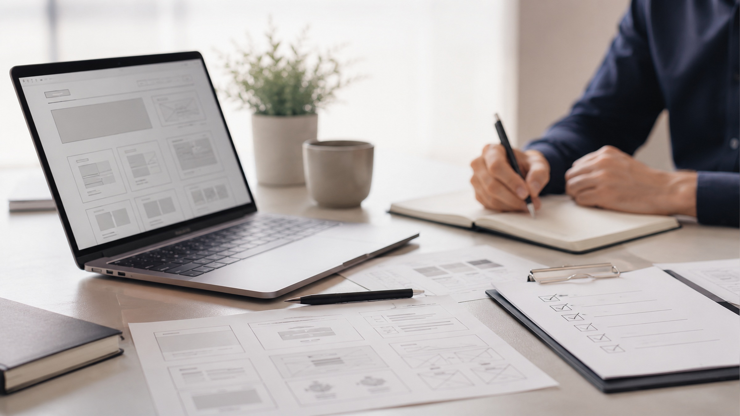 Professionelle Beratungssituation mit Laptop und Website-Struktur