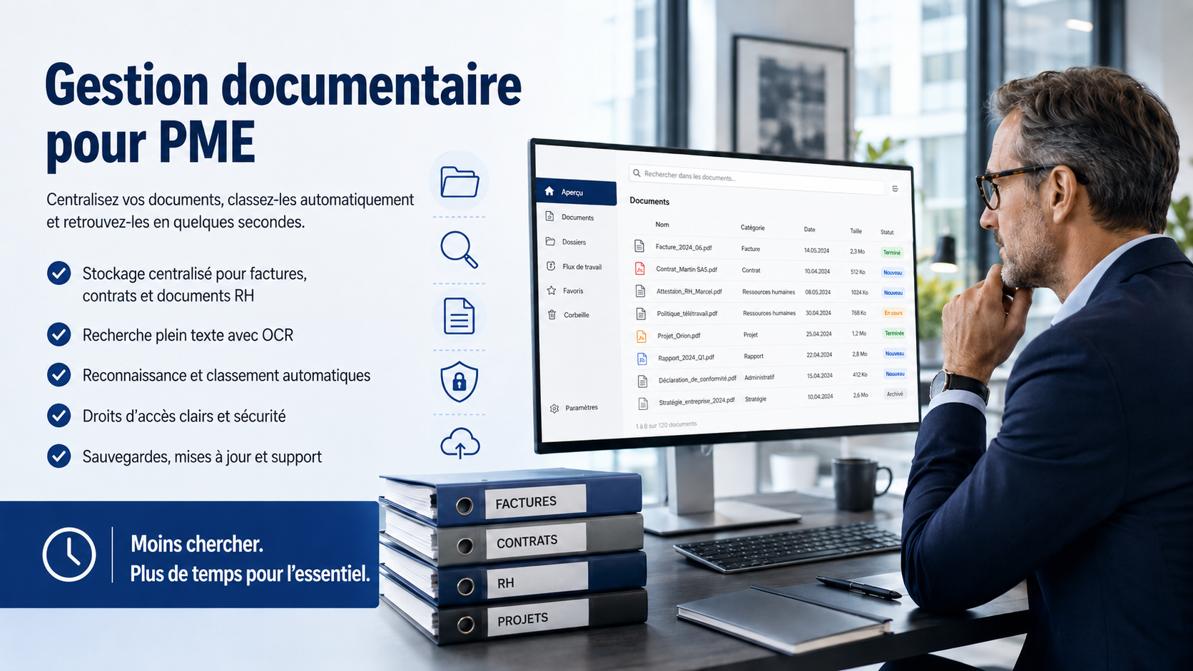 Gestion documentaire numérique pour PME avec archives structurées, recherche et accès sécurisé
